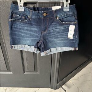 Blue Jean Shorts with Cuffed Hem and Distressed Look